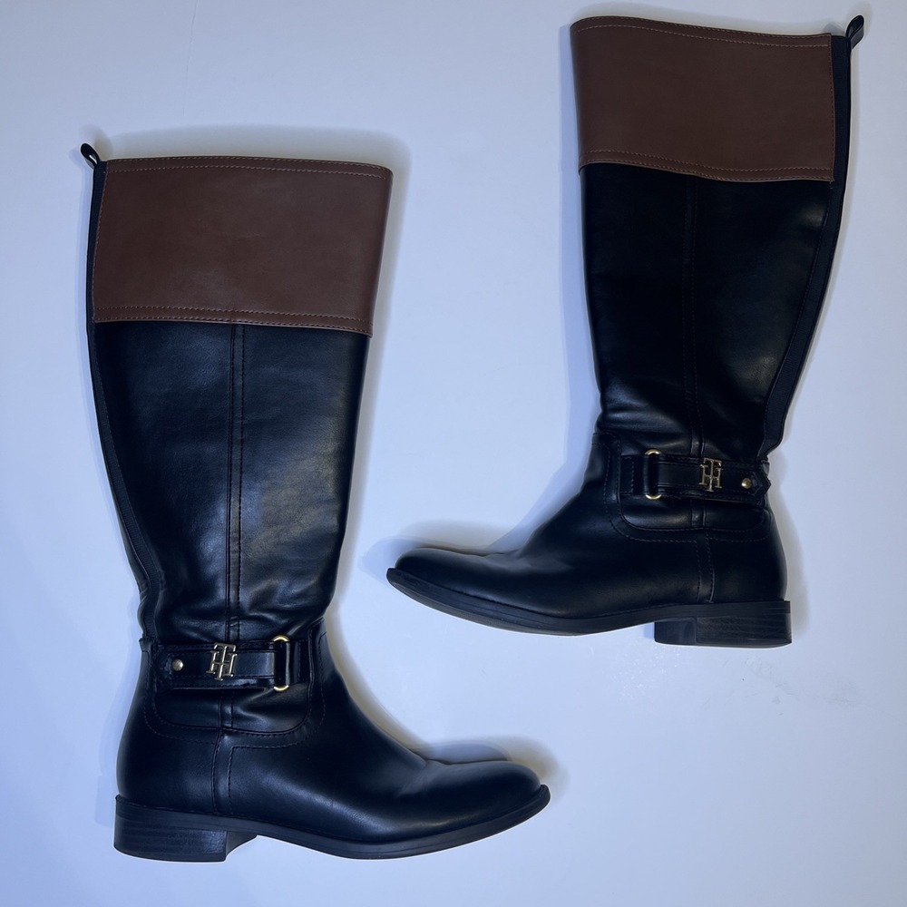 Tommy Hilfiger Two-Tone‎ Leather Riding Boots Women's Size 7 Preppy Classic EUC